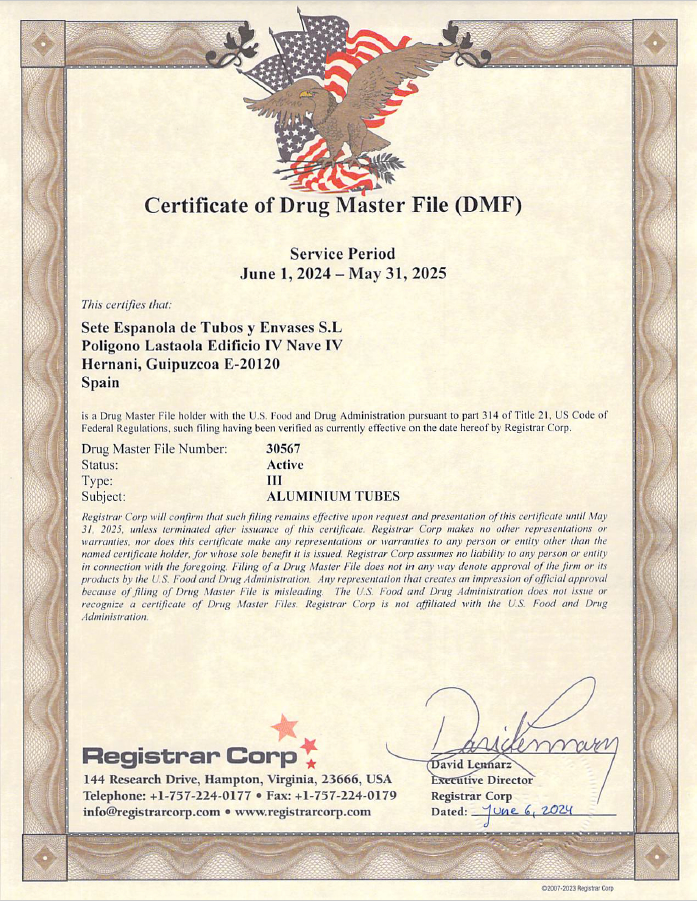 Descarga en pdf el certificado Certificate of drug master file (DMF)
